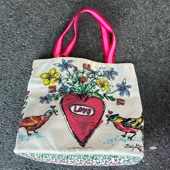 BRIGHTON Collectibles Love Tweet Tote Bag Heart Floral Birds Canvas Butterfly - Picture 1 of 4